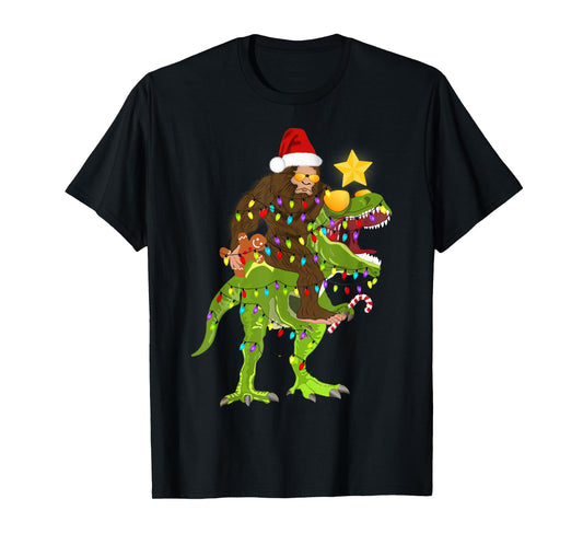 Xmas Tree Rex Yeti Bigfoot Sasquatch Riding Dinosaur T Rex T-Shirt