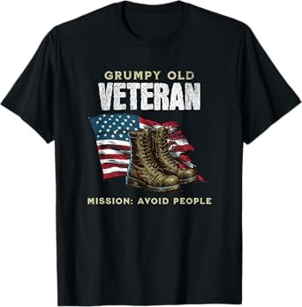 Funny Grumpy Old Vet for Military w/American Flag and Boots T-Shirt