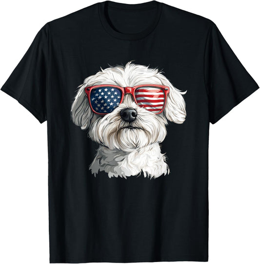 Patriotic Maltese USA Flag Sunglasses Dog Lover 4th Of July T-Shirt