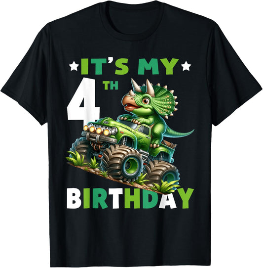 4th Birthday Boy Girl Dinosaur Monster Truck Fourth Birthday T-Shirt