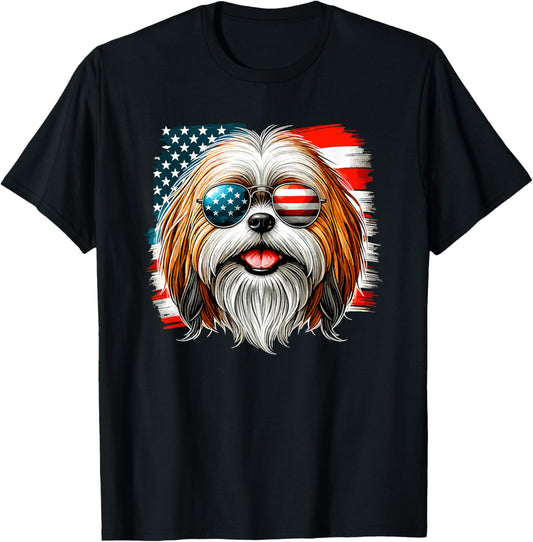 American USA Flag Shih Tzu 4th Of July Patriotic T-Shirt