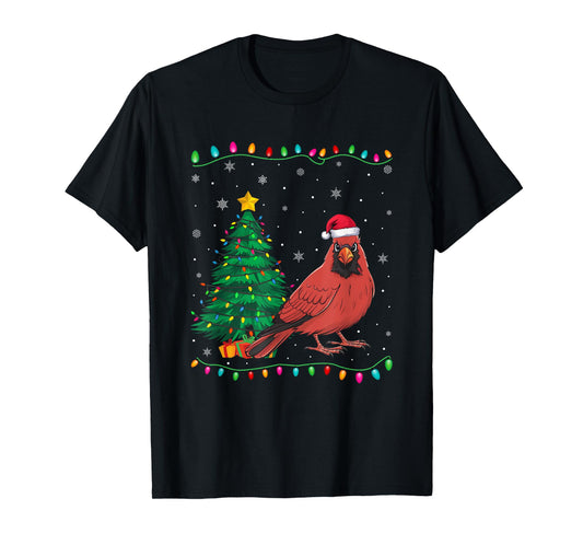 Cardinal Bird Santa Hat Men Women Kids Christmas Tree Lights T-Shirt