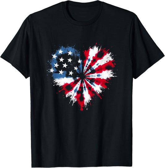 Tie dye Heart USA Flag Colors white, Red & Blue 4th Of July T-Shirt