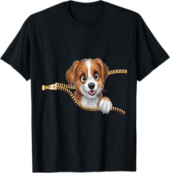 Cute Dog in Pocket Funny Zipper Pocket Graphic Design Puppy T-Shirt