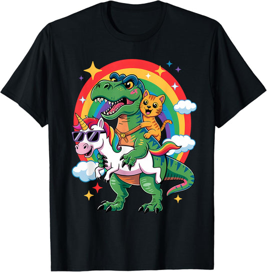Cute Animal Unicorn Cat Riding Dinosaur Rainbow Space Galaxy T-Shirt