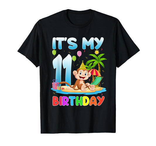 It's My 11th Birthday Summer Monkey 11 Year Old Bday Party K Men Women Kids T-Shirt