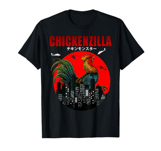 Chickenzilla the Funny Chicken a Japanese Sunset Men Women T-Shirt