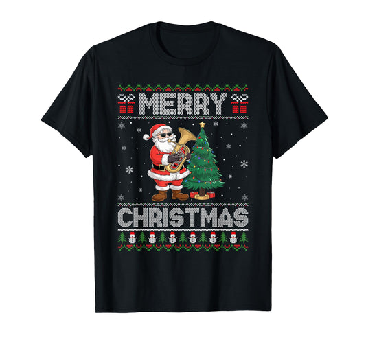 Santa Playing Tuba Men Women Kids Ugly Christmas T-Shirt