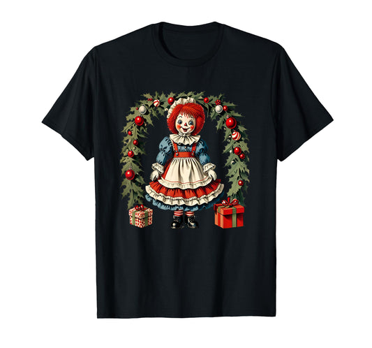 X-mas Children's Cloth Rag Doll Story Raggedy Ann Christmas Wreath and Presents T-Shirt