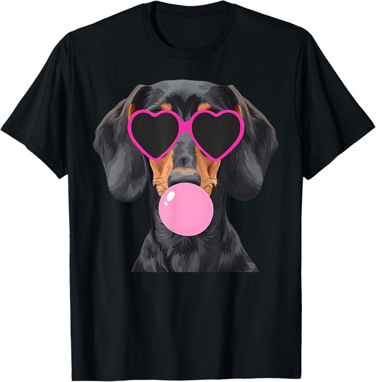 Funny Dachshund Wearing Glasses and Blowing Pink Bubble Gum T-Shirt