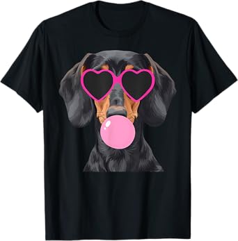 Funny Dachshund Wearing Glasses and Blowing Pink Bubble Gum T-Shirt