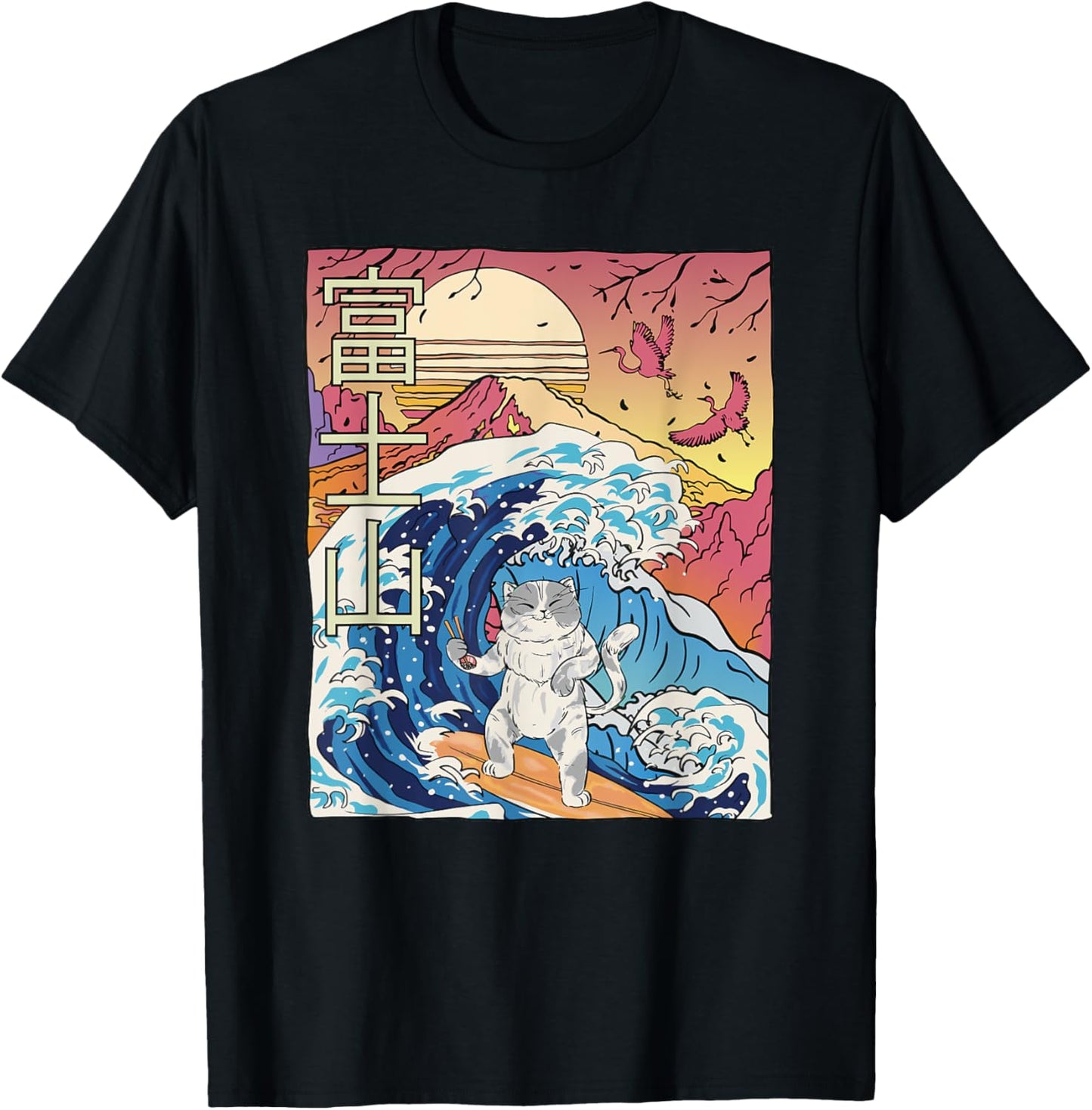 Japanese wave surfing Cat Art Japanese Mount fuji Sunset T-Shirt