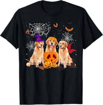 Funny Pumpkin Witch Golden Retriever Dog Halloween Gifts T-Shirt for Men Women Kids