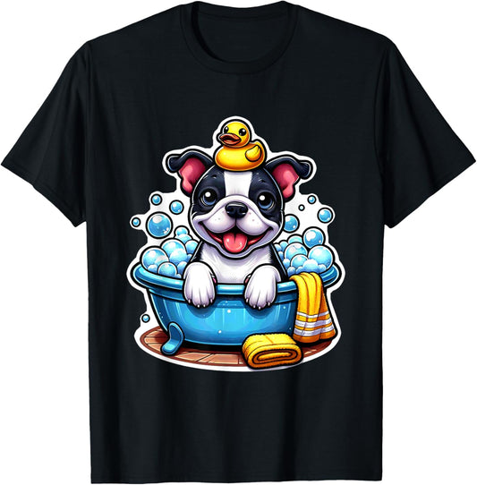 Boston terrier puppy Cute Kawaii Cartoon Bubbles Bath Dog T-Shirt