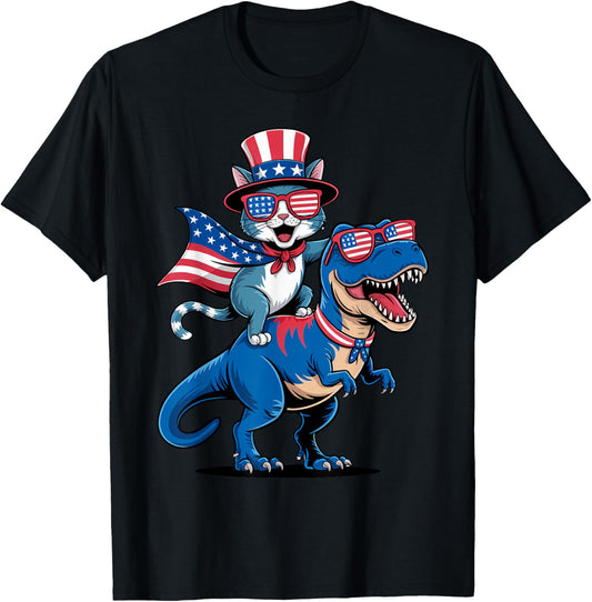 Cat Riding Dinosaur Independence Day Happy Fourth Of July Men Women Kids T-Shirt
