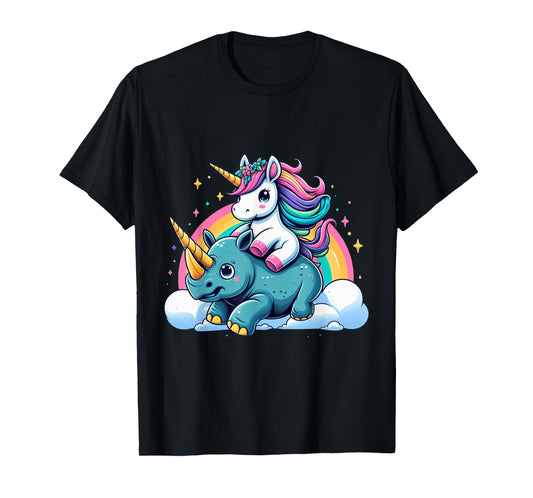 Unicorn Riding Rhino Boys Girls Men Women Kids Rainbow T-Shirt