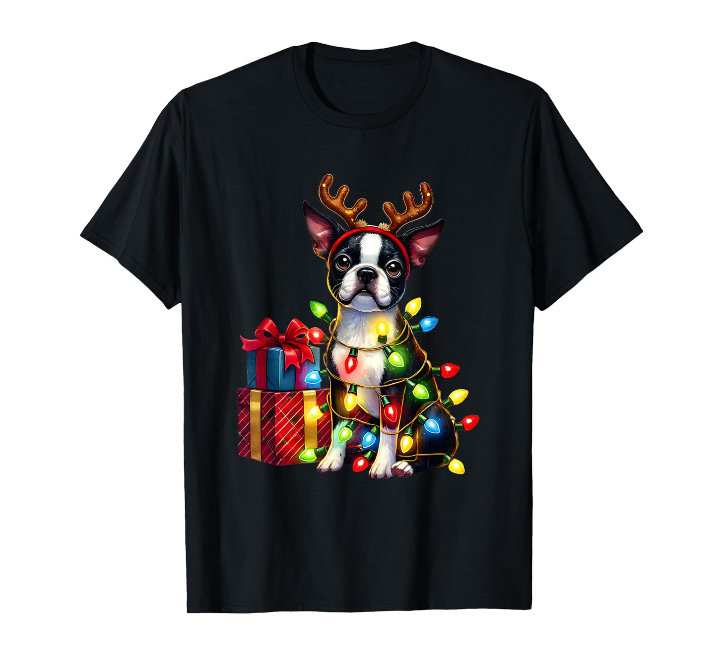 Pet Animal Boston Terrier Dog Reindeer Antlers Christmas T-Shirt for Men Women Kids