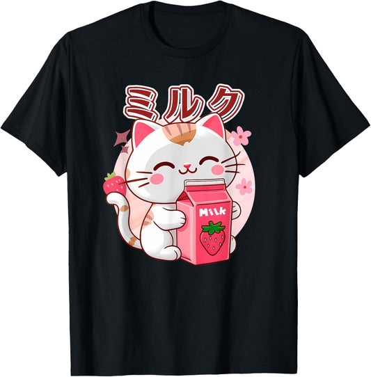 Cute Kawaii Cat Japanese Characters Strawberry Milk T-Shirt