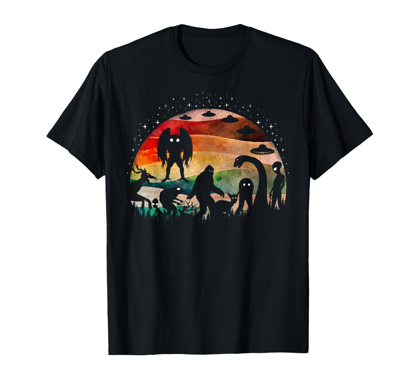 Retro Cryptid Funny Bigfoot Mothman And Aliens Cryptozoology T-Shirt