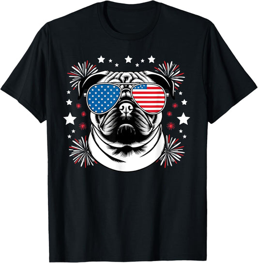 Patriotic Pug Dad With American Flag Sunglasses 4th July T-Shirt
