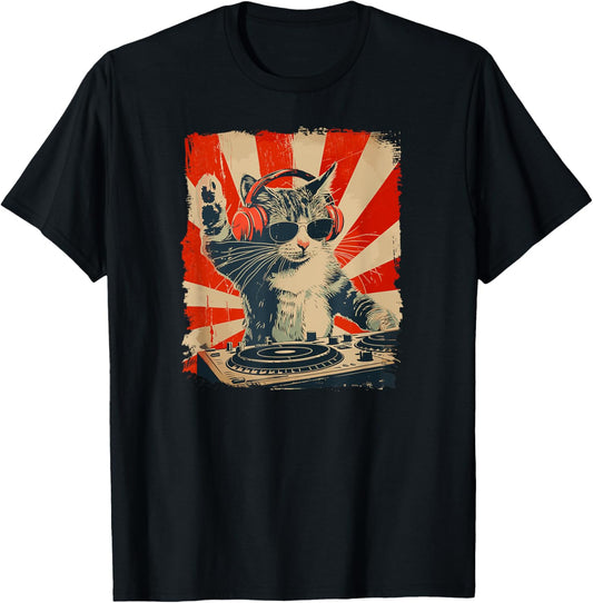 Funny DJ Cat Disco Sound Tech Headphone Music T-Shirt