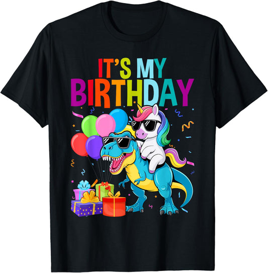 It's My Birthday Unicorn Riding T rex Dinosaur Boys Girls T-Shirt