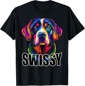 Swissy Colorful Greater Swiss Mountain Dog Face Black T-Shirt for Men Women Kids