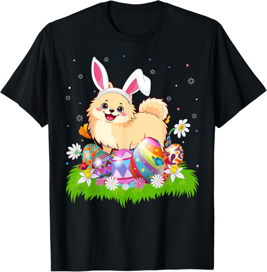 Pomeranian Dog Easter Egg Hunt Bunny Ear Easter Sunday T-Shirt