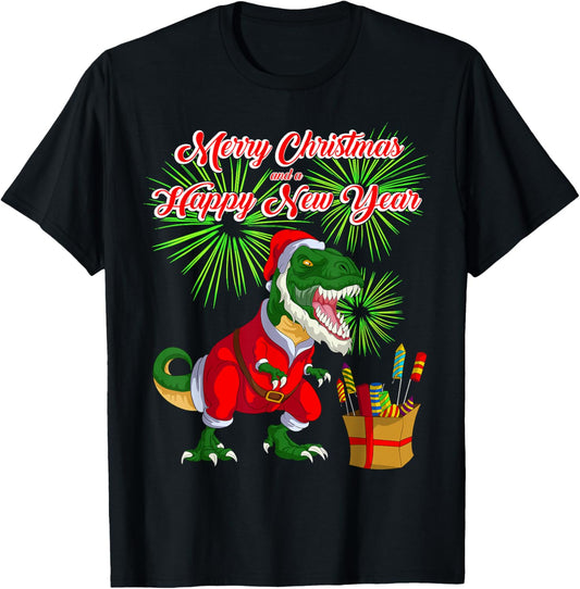 T-Rex Merry Christmas New Year Santa Claus Dinosaur Fun T-Shirt