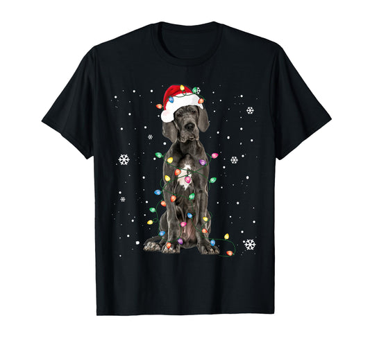 Great Dane Christmas Santa Hat Fairy Lights Pajama Dog Lover T-Shirt