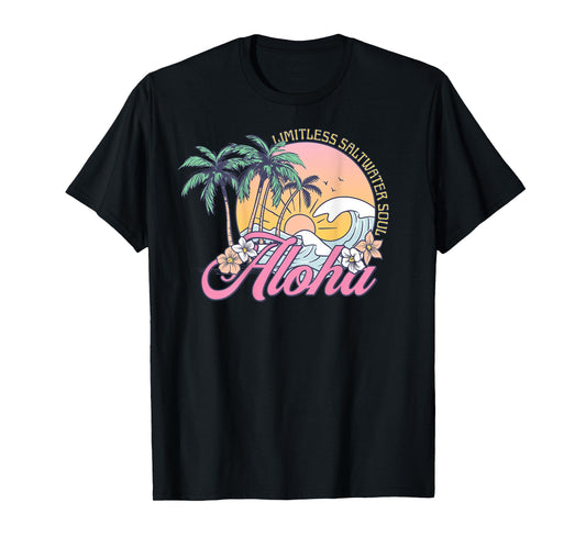 Retro Aloha Sunset Palm Trees Tropical Flowers Surfing Waves T-Shirt