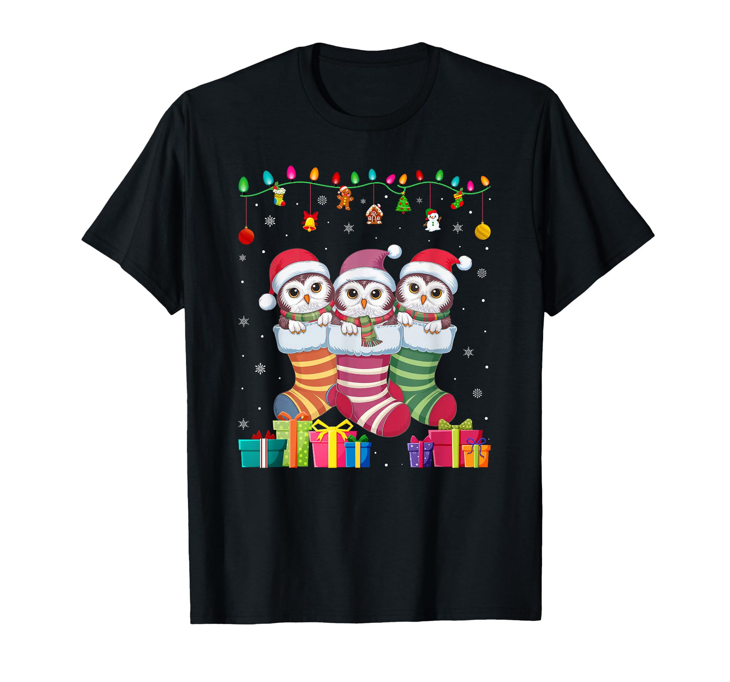 Three Snowy Owl in Sock Funny Boys Girls Kids Christmas T-Shirt