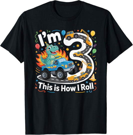 Dinosaur Monster Truck 3rd Birthday 3 Year Old Construction T-Shirt