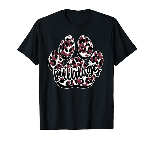 Maroon Bulldogs Leopard Paw Print Leopard School Mascot T-Shirt