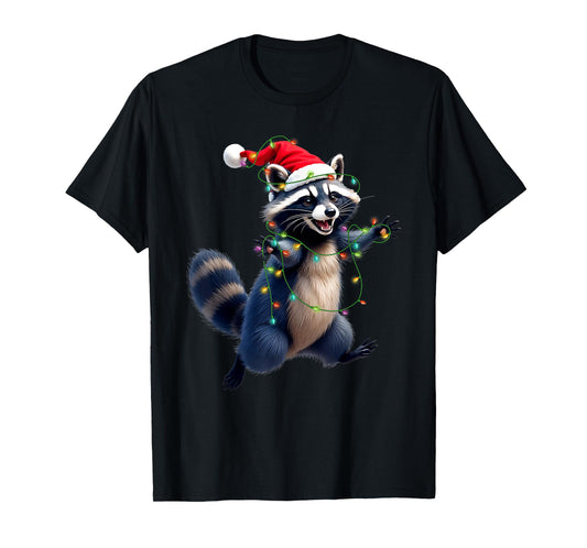 Funny Racoon Santa Hat Christmas Tree Lights Xmas PJS Kids T-Shirt