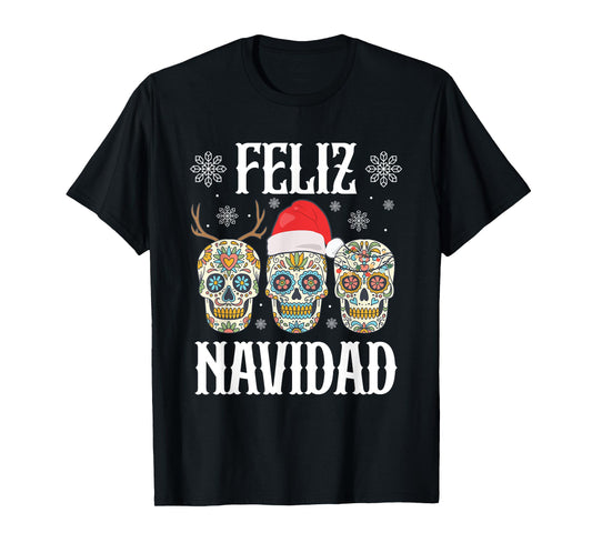 Feliz Navidad Skeletons Reindeer Santa Mexican Christmas T-Shirt
