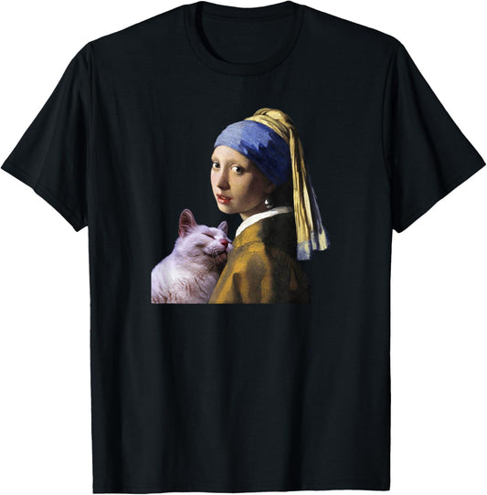 Girl With a Pearl Earring Cat Famous Painting Art Teacher T-Shirt