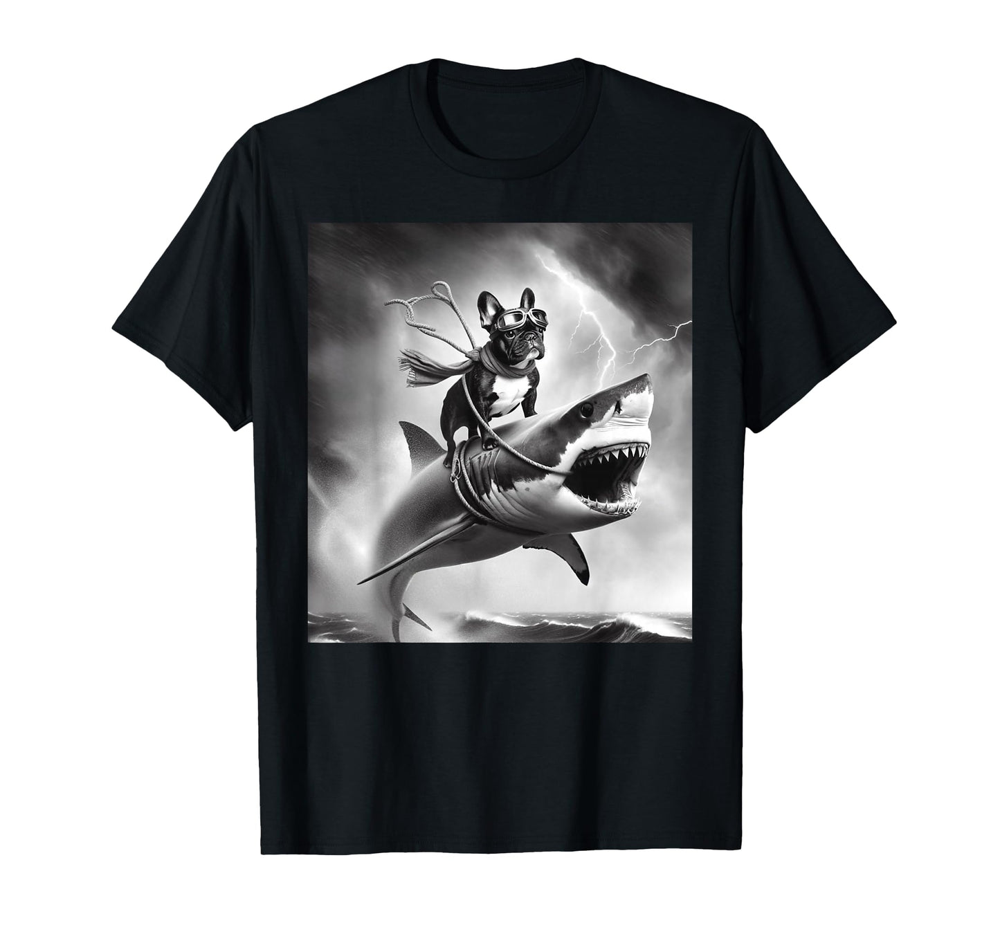 Funny Dog French Bulldog Riding a Shark in Tornado Meme T-Shirt