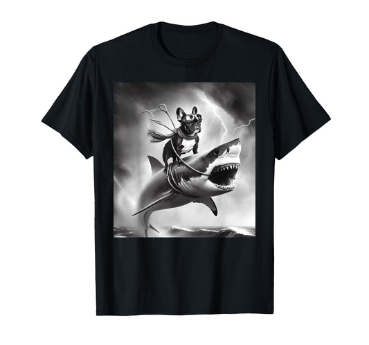 Funny Dog French Bulldog Riding a Shark in Tornado Meme T-Shirt