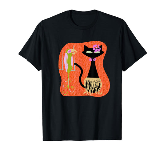 Hawaiian Hula Cat with Tropical Tiki Bird and Hibiscus Flowe T-Shirt