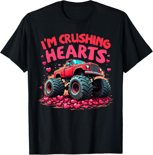 Valentines Day Monster Truck Boys Toddler I Crush Hearts T-Shirt