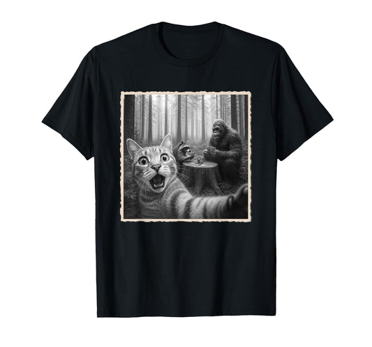 Cat Selfie With Bigfoot & Raccoon | Funny Scared Cat T-Shirt