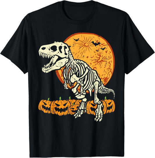 Skeleton Dinosaur Trex Dino Pumpkins Moon Boys Halloween Men T-Shirt