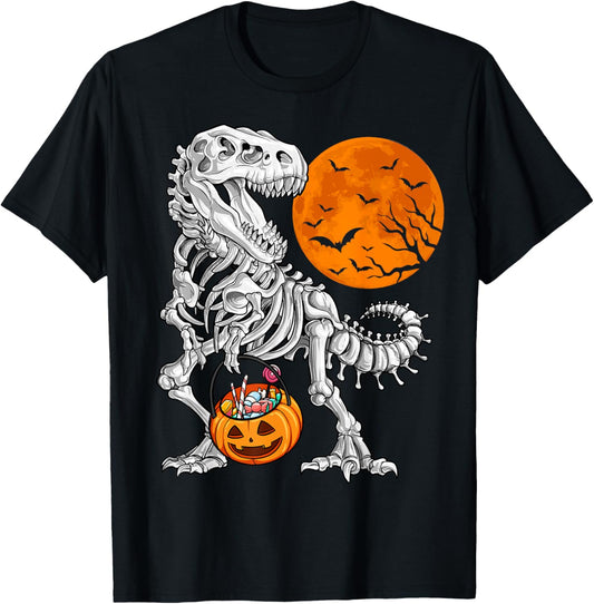 Halloween Boys Dinosaur Skeleton T rex Scary Pumpkin Moon T-Shirt
