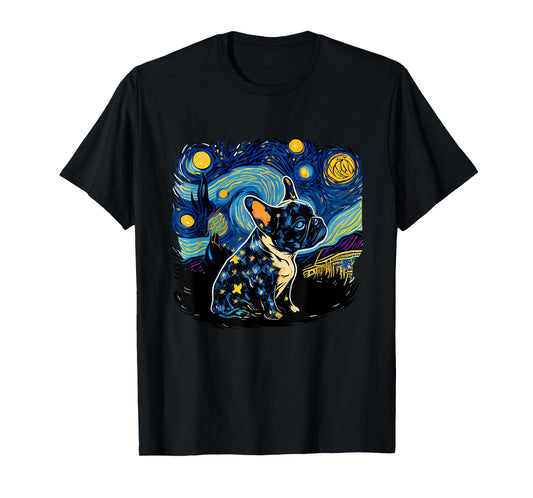 Black Frenchie French Bulldog Starry Night Van Gogh Colorful T-Shirt