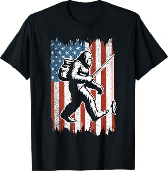 Bigfoot Fishing Patriotic Flag Funny Fisherman 4th Of July T-Shirt