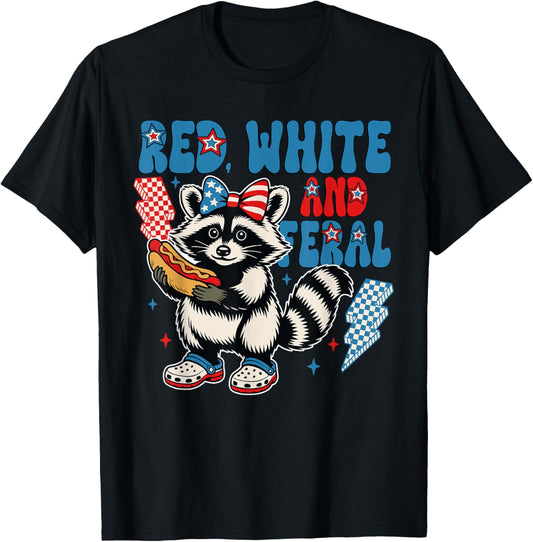 Red White And Feral Hot Dog Raccoon 4th Of July Trash Panda T-Shirt