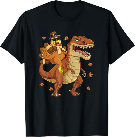 Turkey Riding Dinosaur T rex Boys Kids Funny Thanksgiving T-Shirt