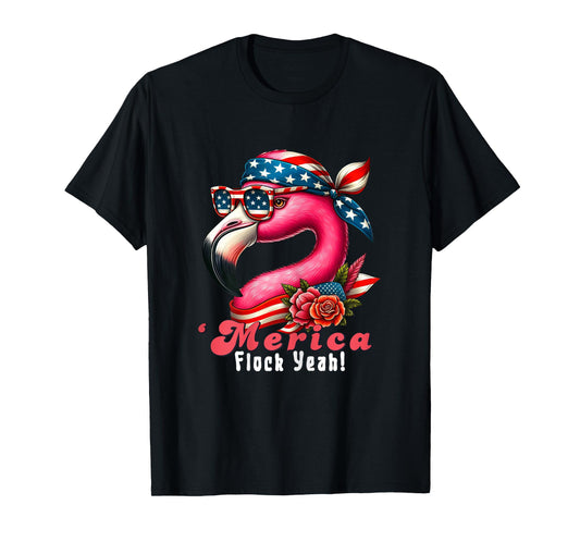 Merica Flock Yeah Patriotic Flamingo 4th of July Usa Flag Women T-Shirt