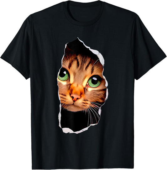 Cat peeking out tee Funny cat torn cloth aesthetic graphic T-Shirt